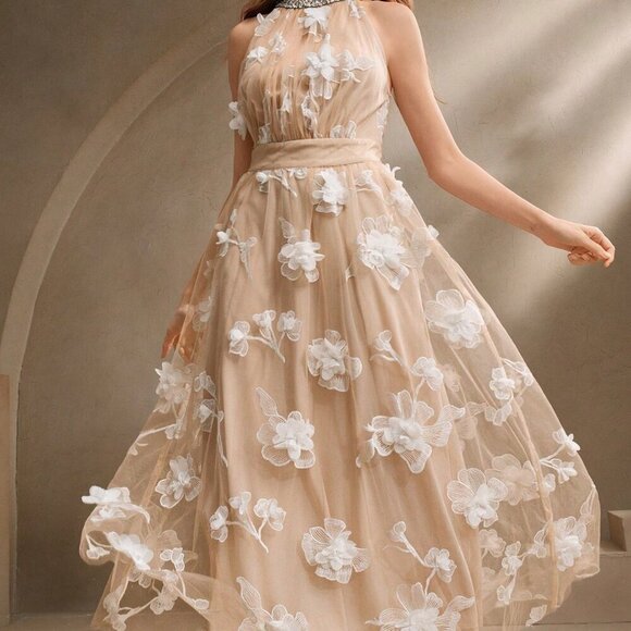 Apricot Elegant Women's 3D Floral Rhinestone Mesh Sleeveless Fitted Waist Dress - Picture 7 of 7